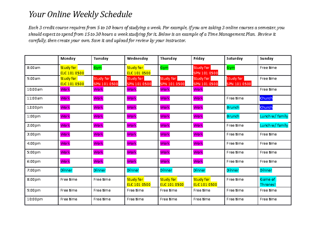 time management - Your Online Weekly Schedule Each 3 credit course ...