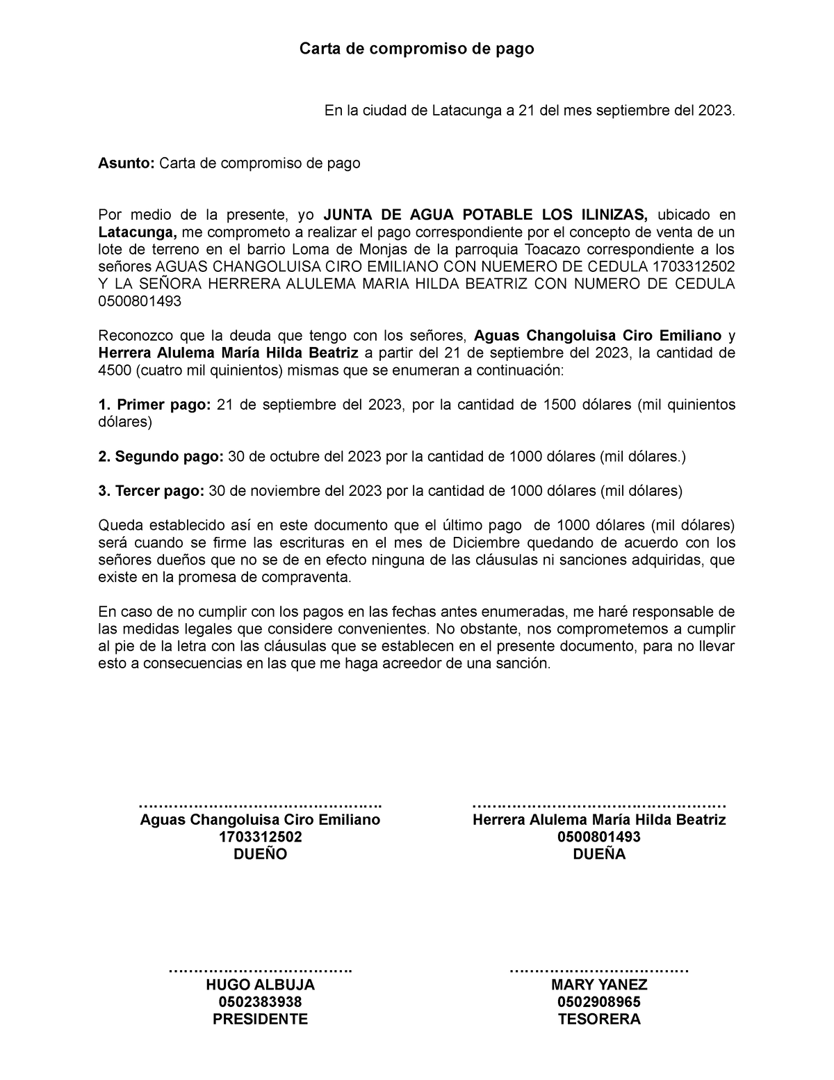 Formato Carta De Compromiso De Pago En La Ciudad De Latacunga A 21 Del Mes 5069