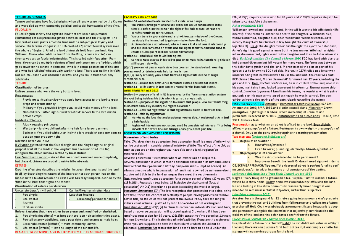 Land Law (Te Ao Maori) Cheat Sheet - Test 2 - TENURE AND ESTATES Tenure ...