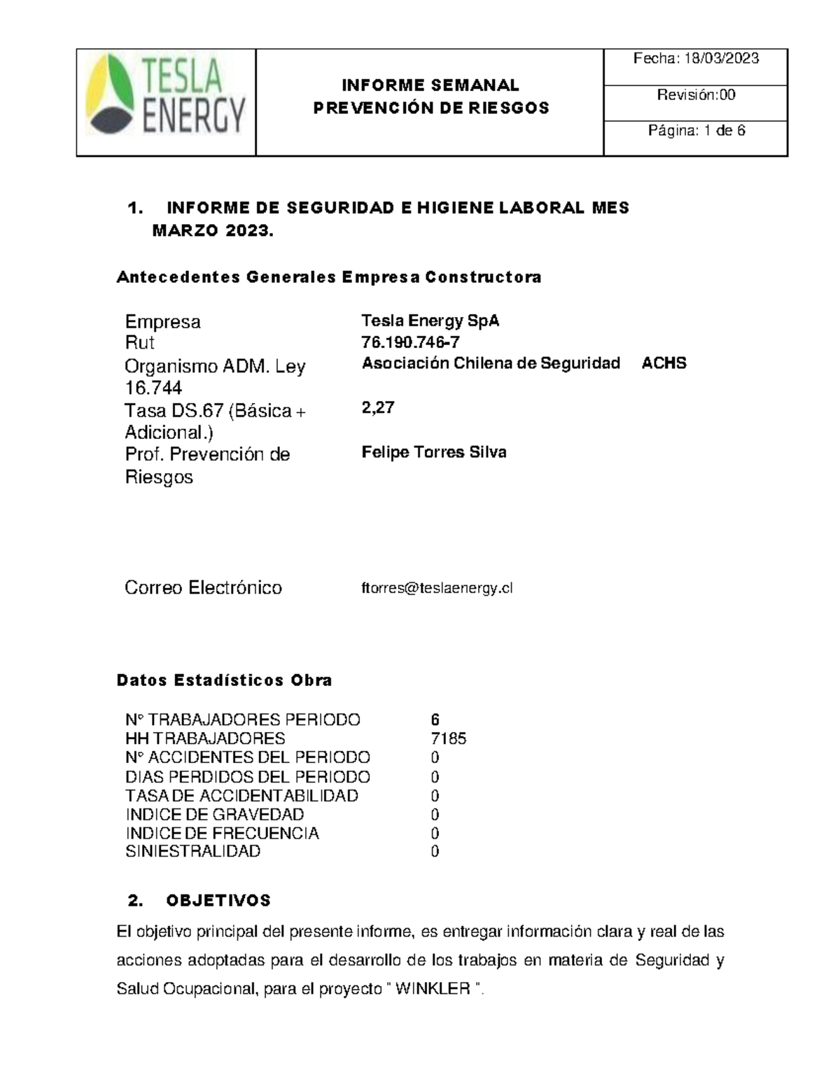 Informe DE Seguridad E Higiene Laboral DE MES Marzo ( Winkler ) 2023 l ...