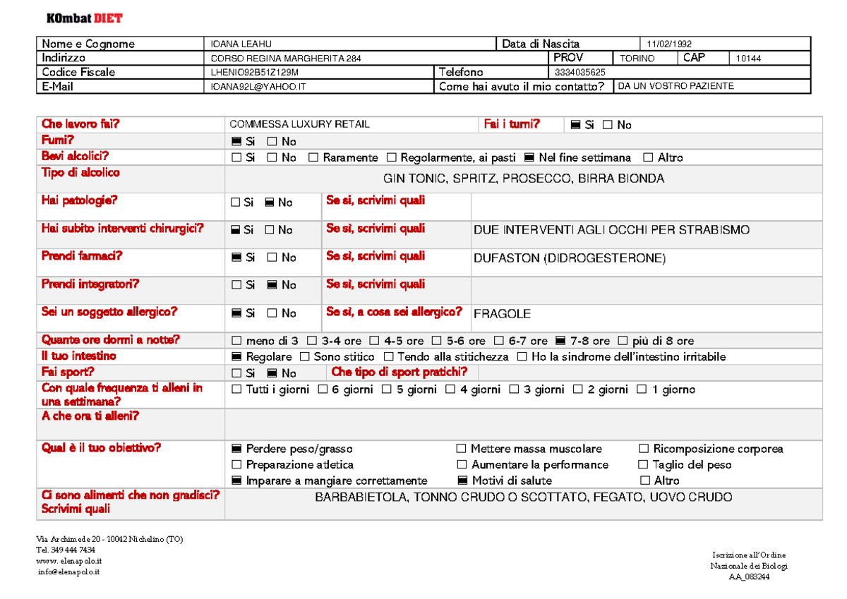 Modulo Questionario E Diario Alimentare - Editabile - Via Archimede 20 ...