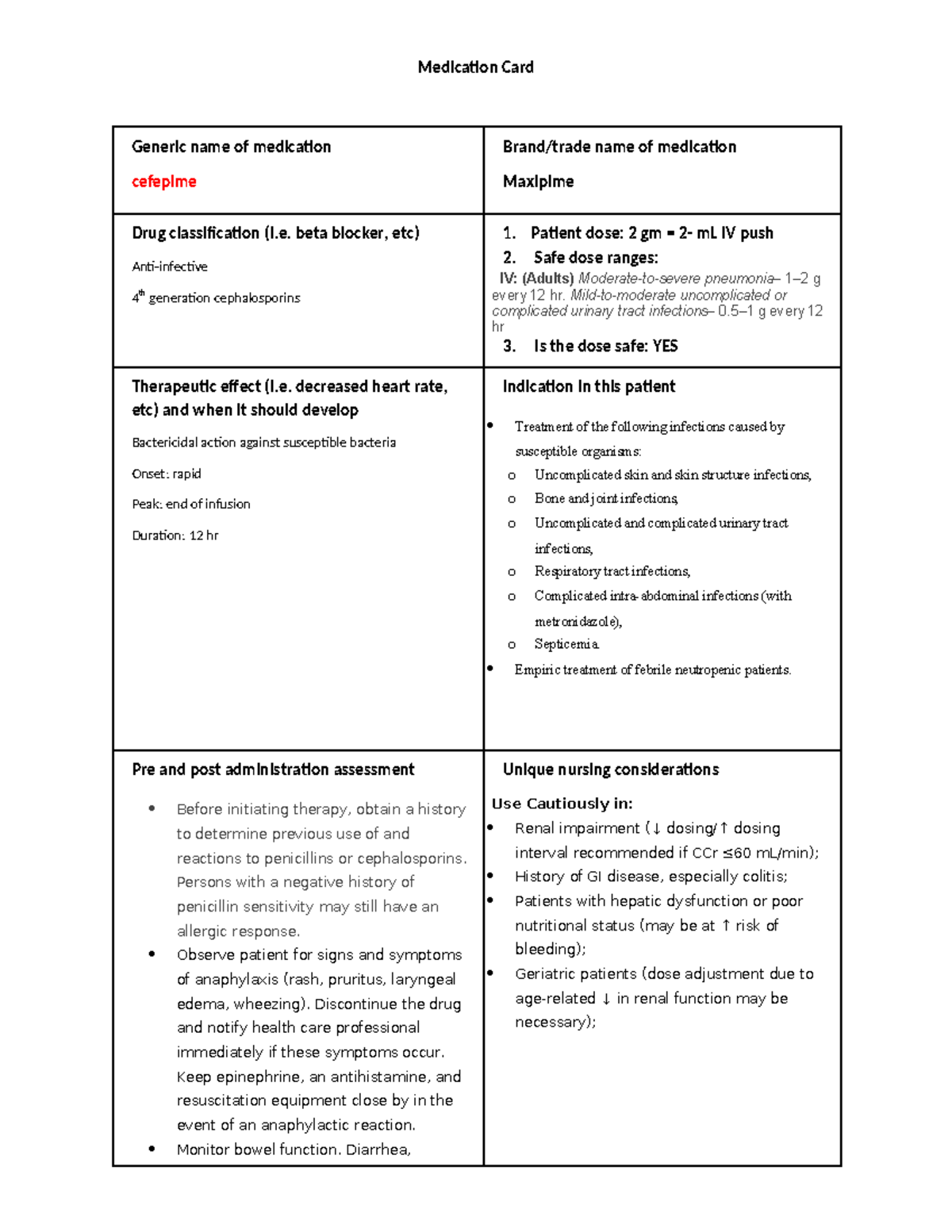 Week #12 Medication Cards - Medication Card Generic name of medication ...
