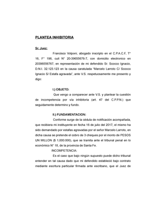 Plantea Inhibitoria - Modelo de escrito para completar la carpeta de  trabajos practicos requerida - Studocu