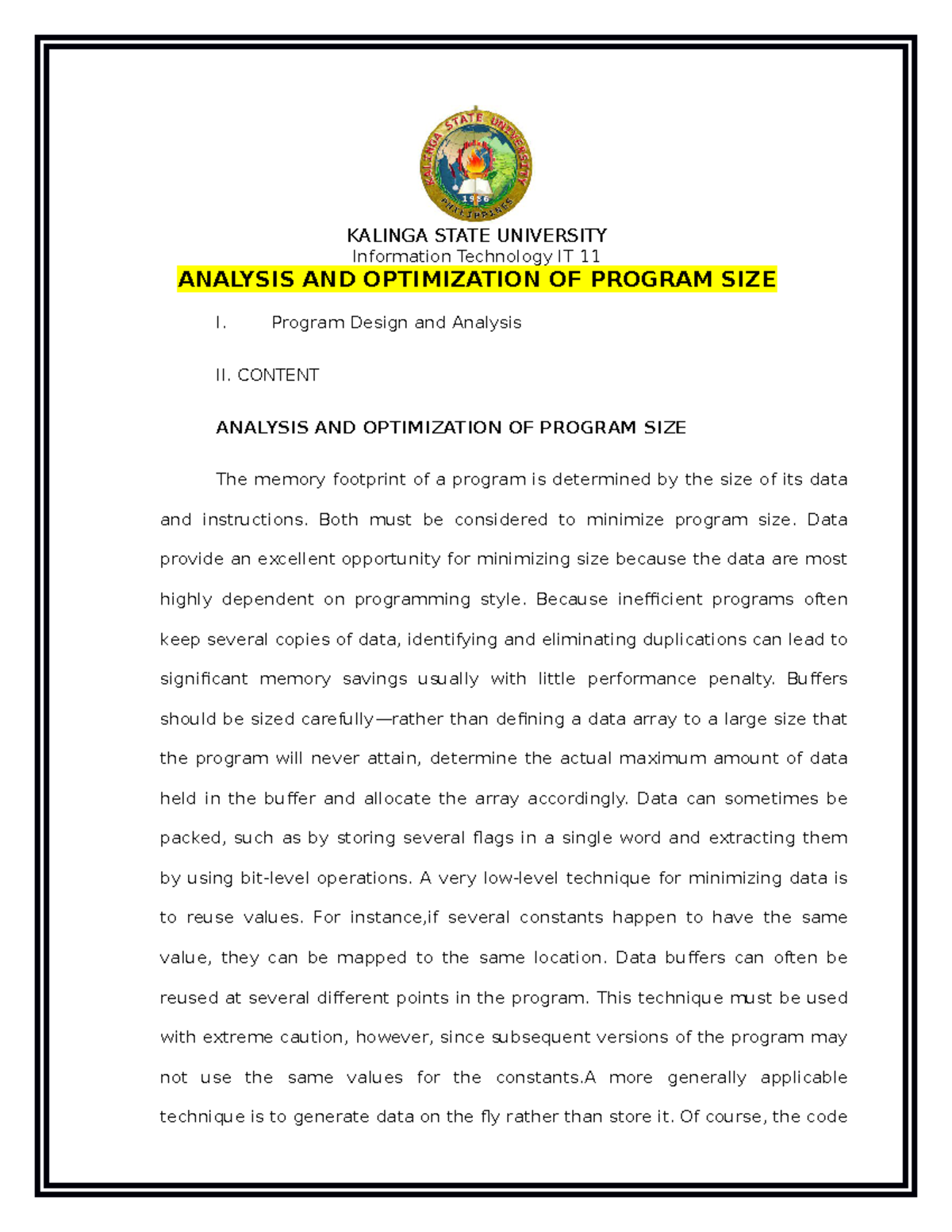 Analysis AND Optimization OF Program SIZE - KALINGA STATE UNIVERSITY ...