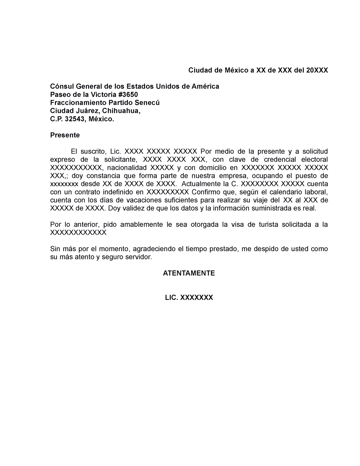 Formato Carta Laboral PARA VISA - Ciudad de México a XX de XXX del 20XXX  Cónsul General de los - Studocu