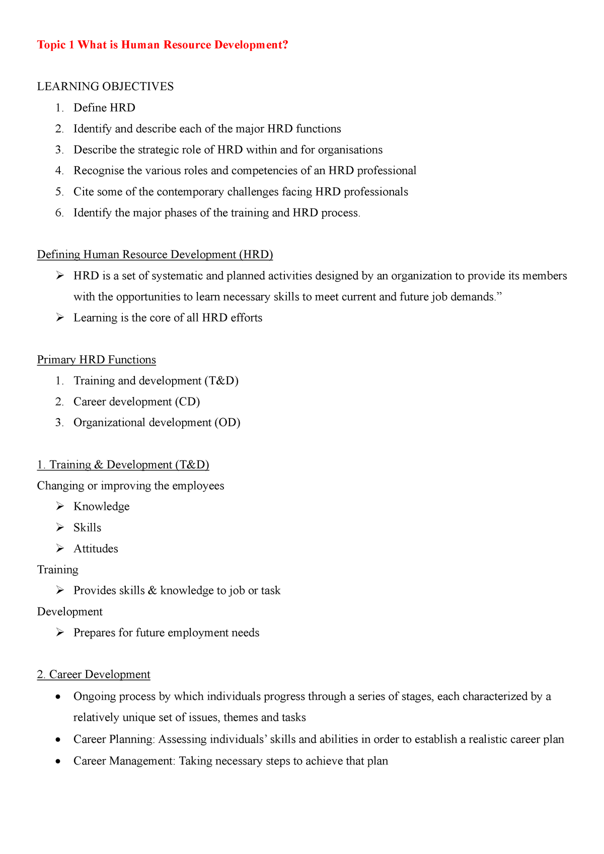 Summary Human Resource Development - Topic 1 What Is Human Resource  Development? Learning Objectives - Studocu