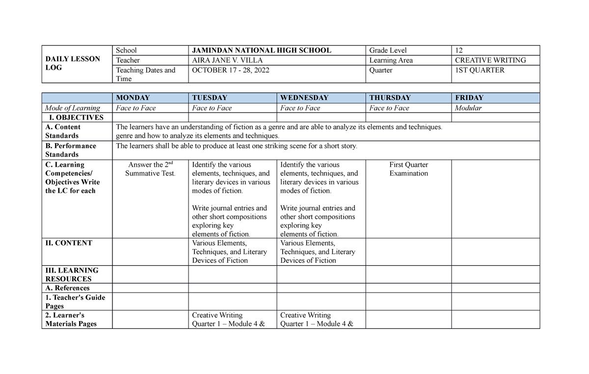 daily lesson log for creative writing