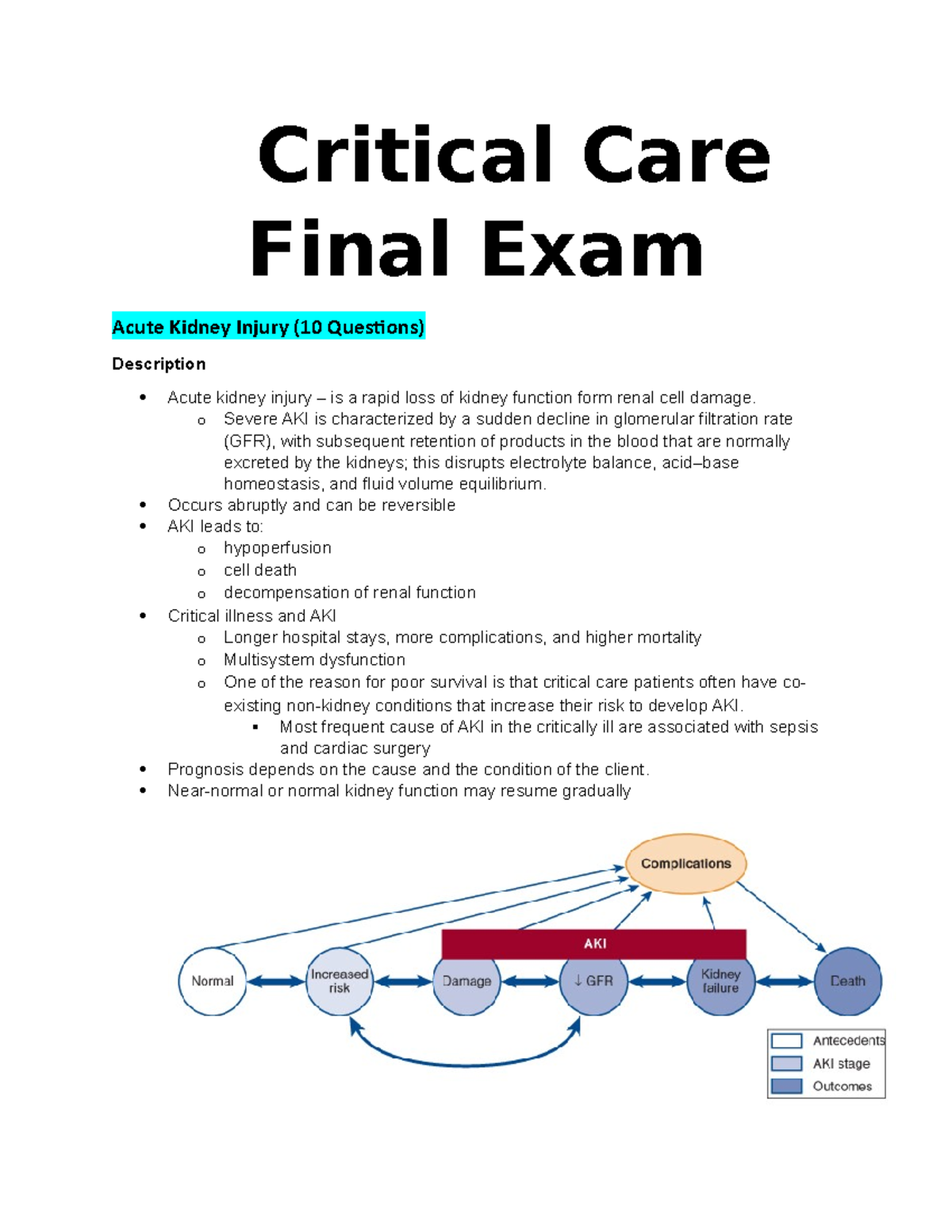 Critical Care Final Exam - o Severe AKI is characterized a sudden ...