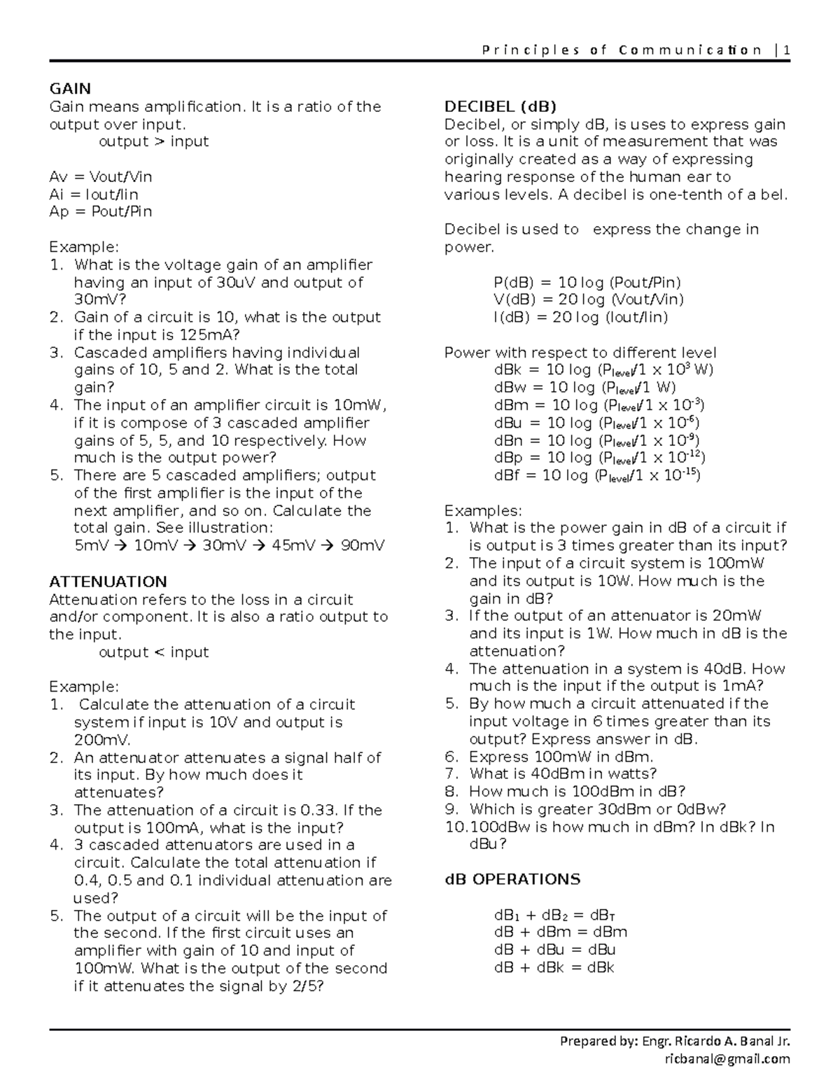 Lec Gain Attenuation Decibel P r i n c i p l e s o f C o m m u