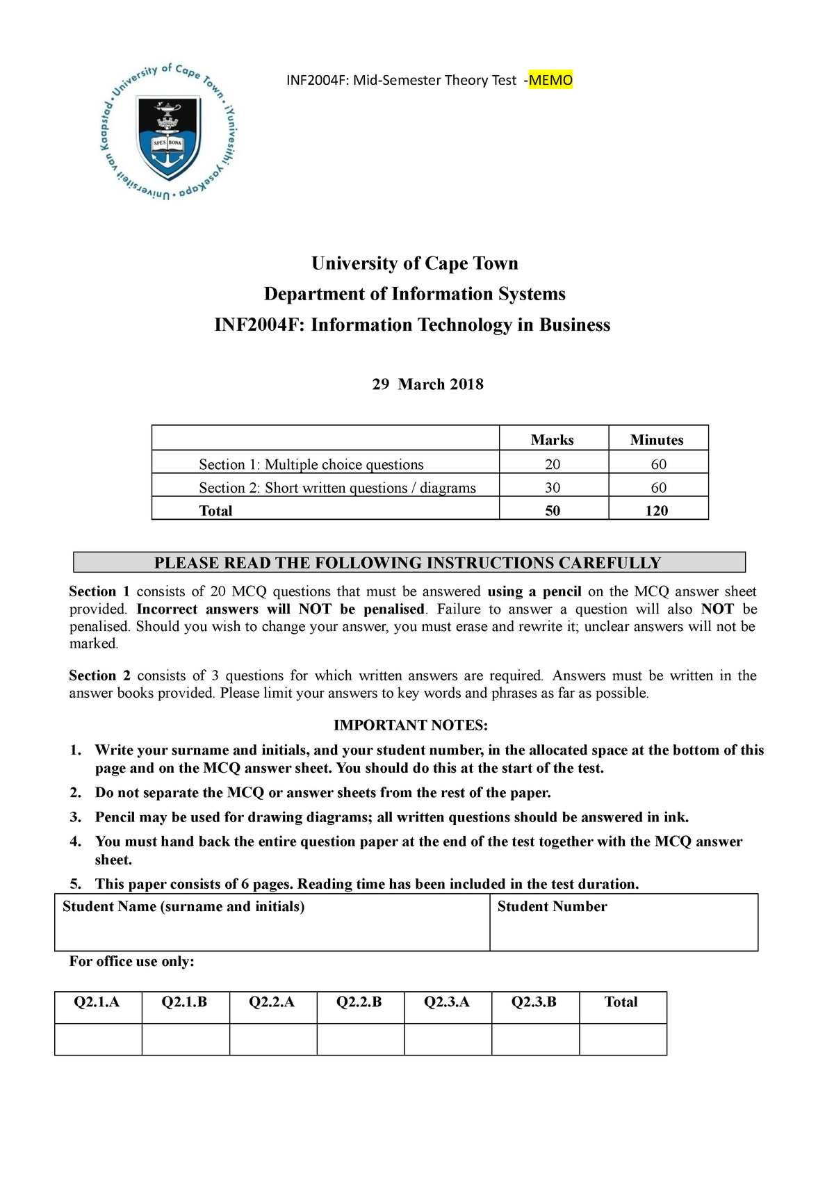 Test 2018, Questions And Answers - INF2004F: Mid-Semester Theory Test ...