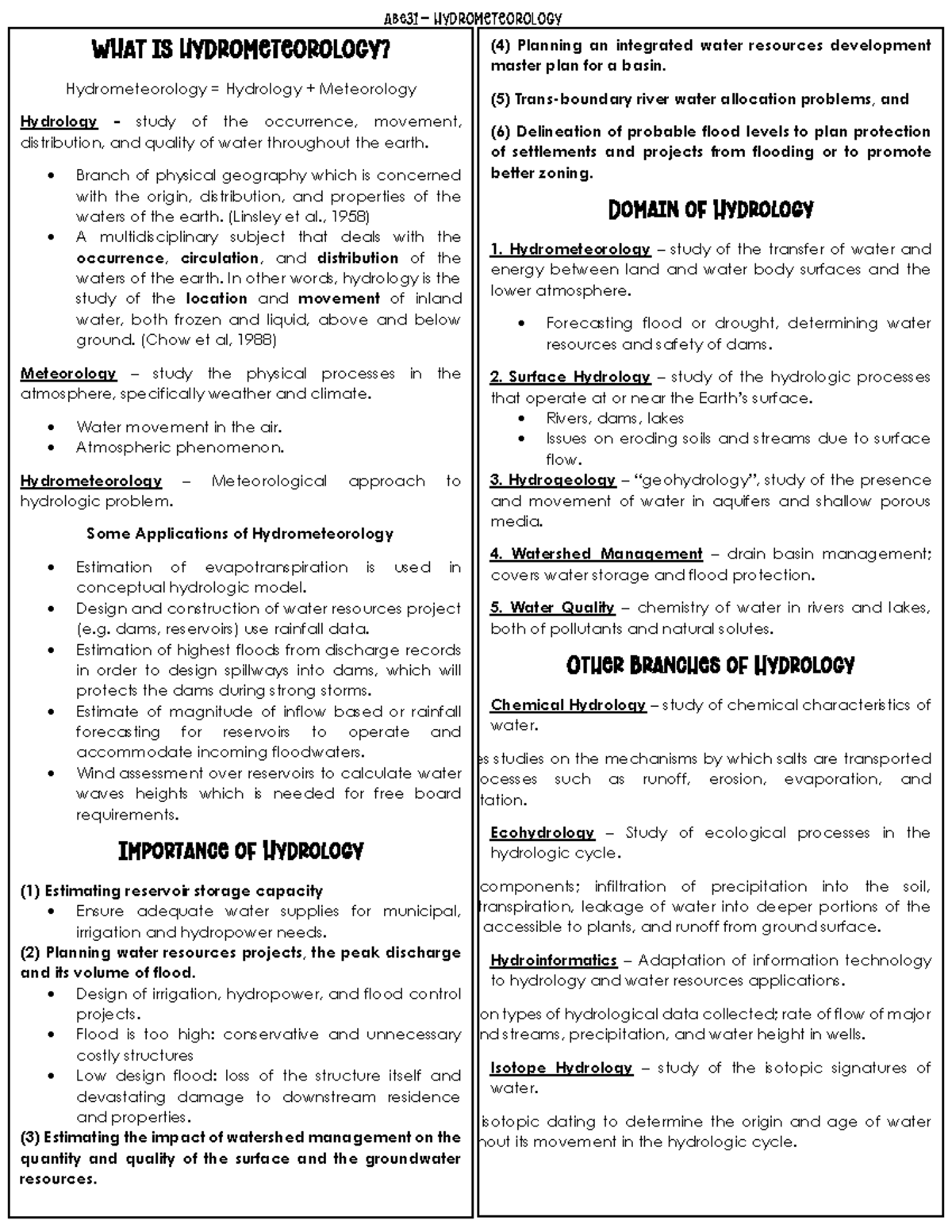 ABE31 Notes Version 1 n/a WHAT IS HYDROMETEOROLOGY