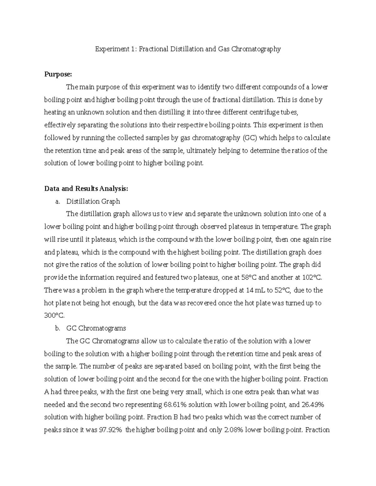 Fractional Distillation and Gas Chromatography Experiment 1 Fractional Distillation and Gas