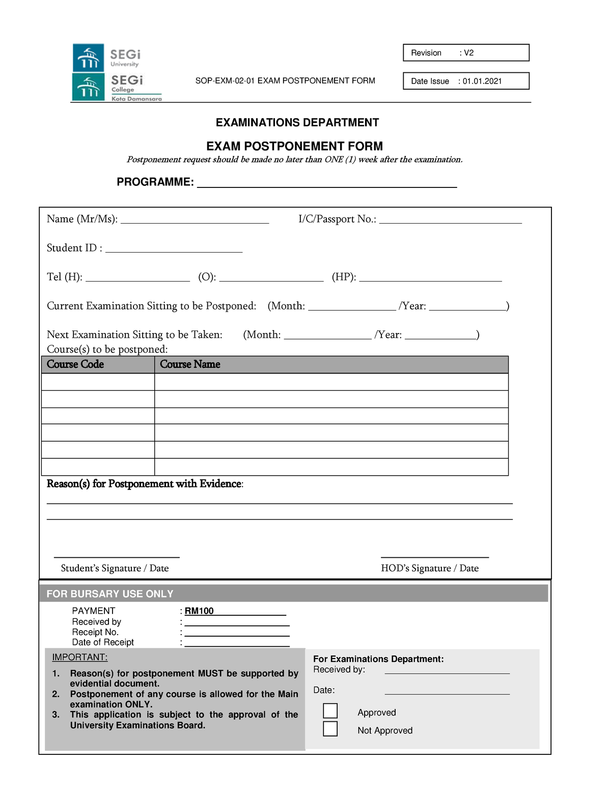 SOP-EXM-02-01 Exam Postponement Form - Revision : V SOP-EXM-02-01 EXAM ...