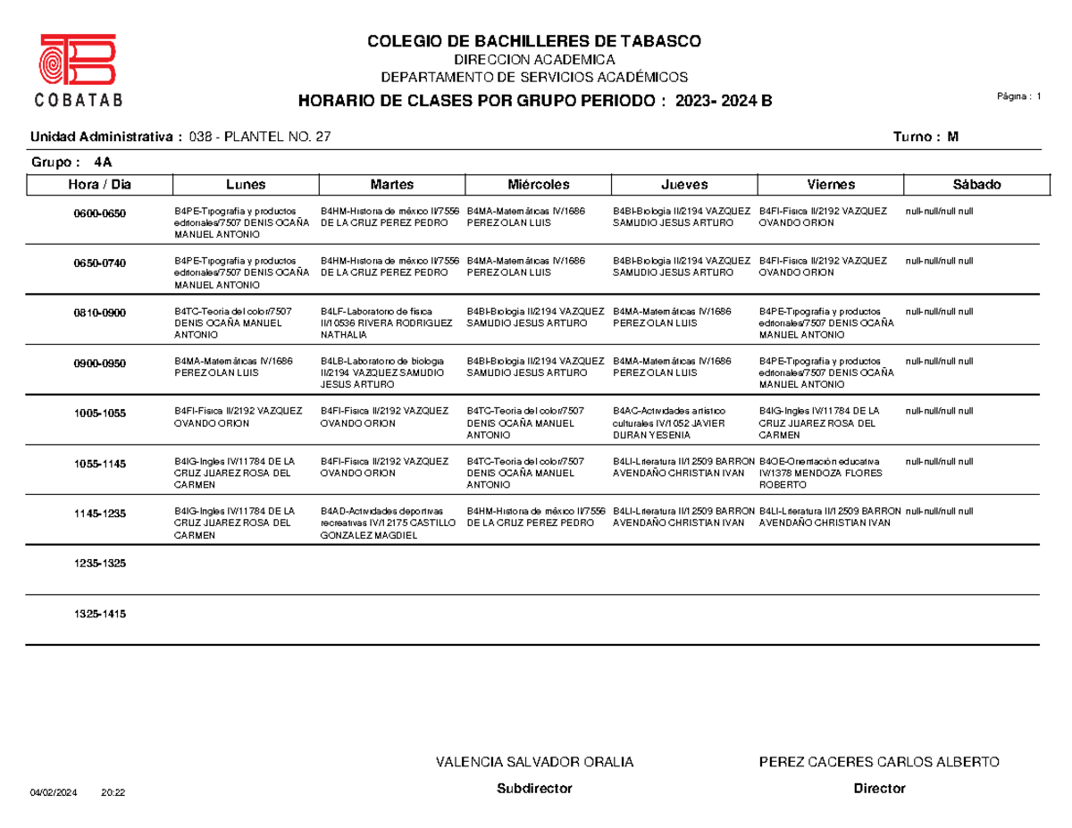 Horario 4A Plantel 27 - Jskskdkdkd - COLEGIO DE BACHILLERES DE TABASCO