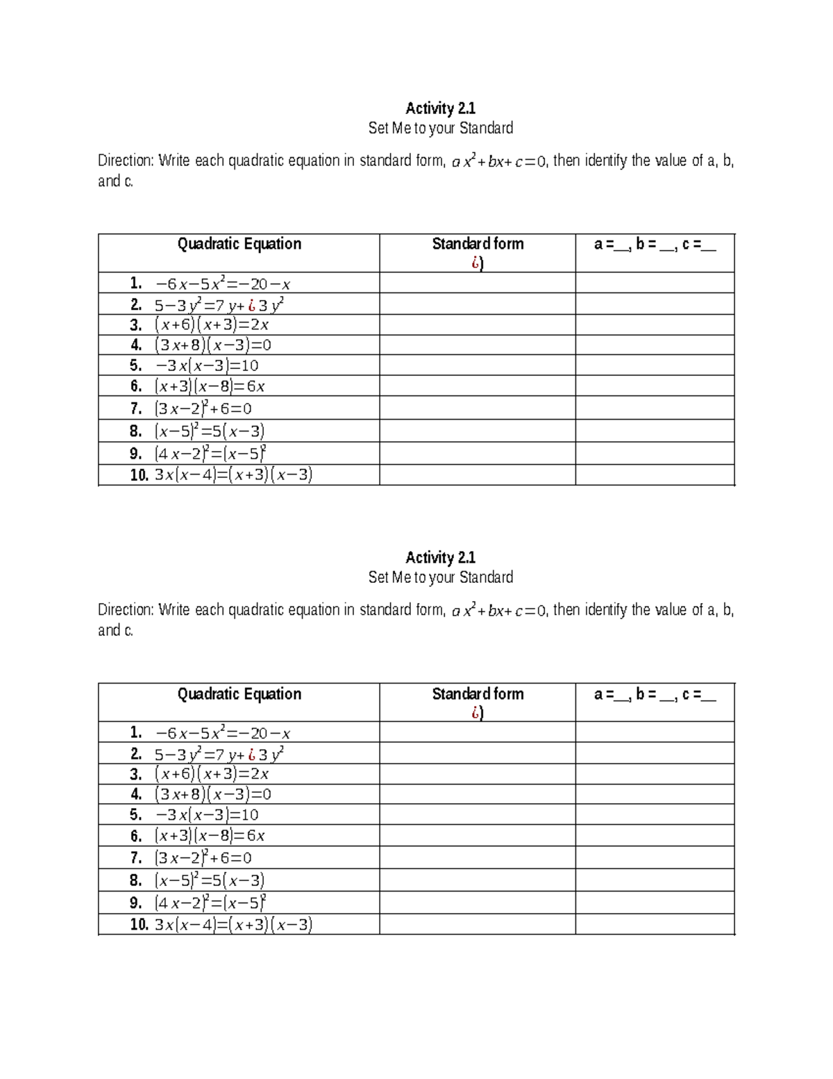 Mathematics 9 Activity 2 - Activity 2. Set Me to your Standard ...