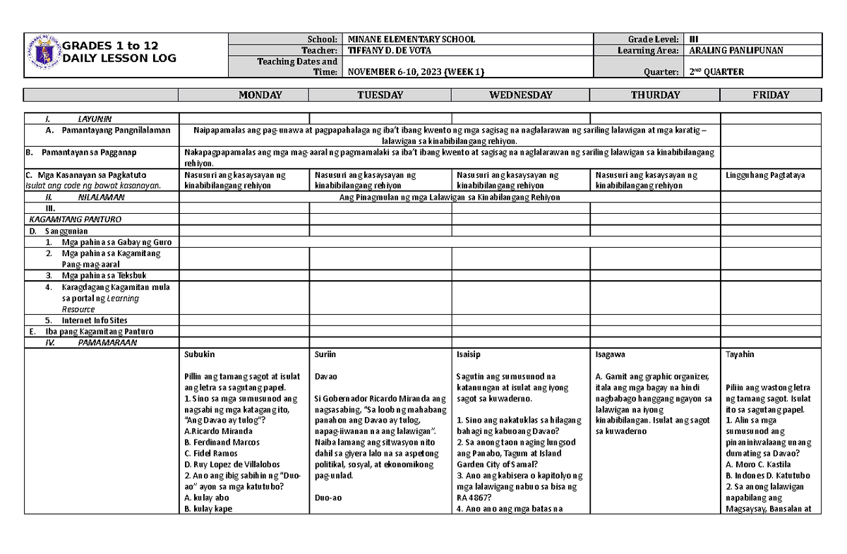 DLL Araling Panlipunan 3 Q2 W1 - GRADES 1 to 12 DAILY LESSON LOG School ...