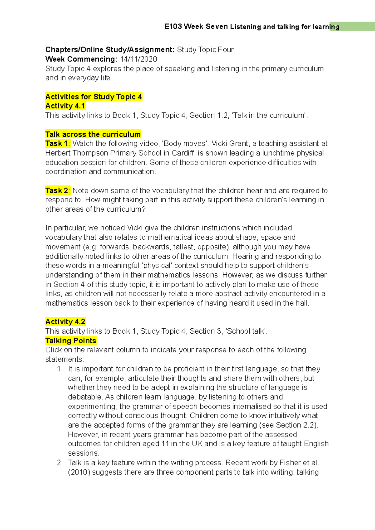 Study Topic 4 - Activities for Study Topic 4 Activity 4. This activity ...