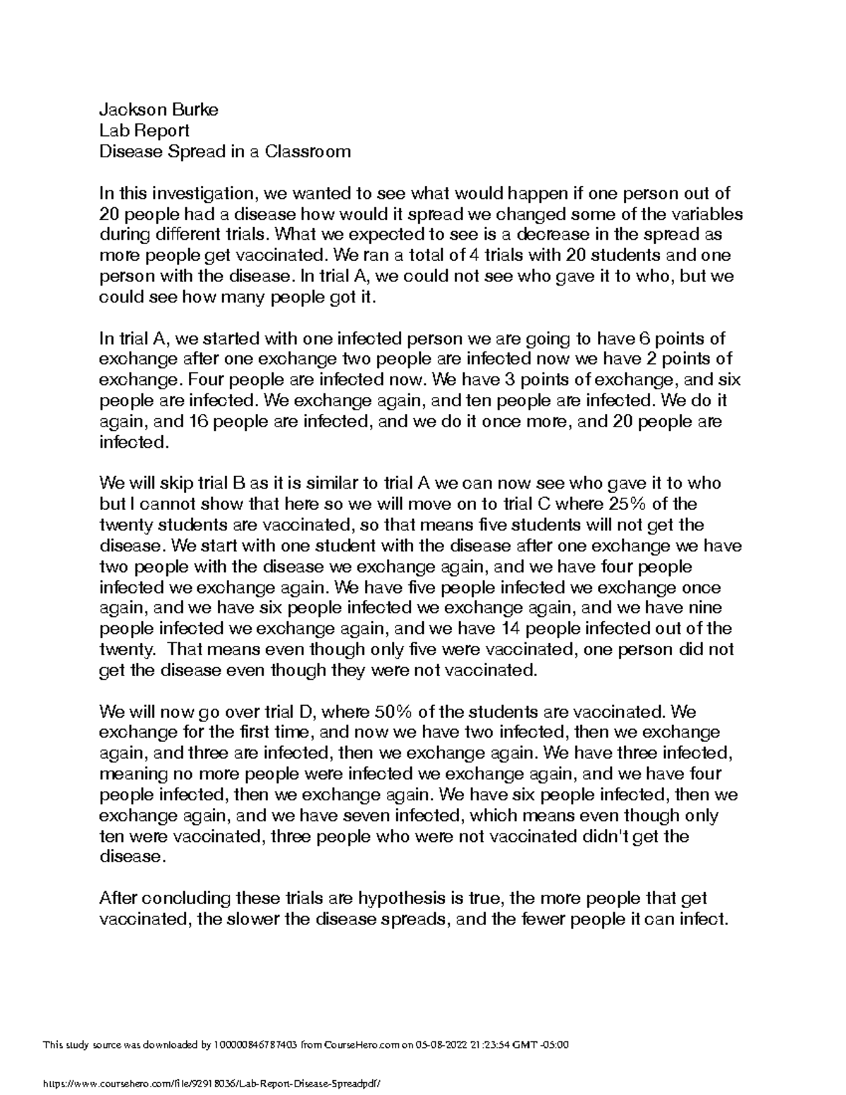 Lab Report Disease Spread Jackson Burke Lab Report Disease Spread in