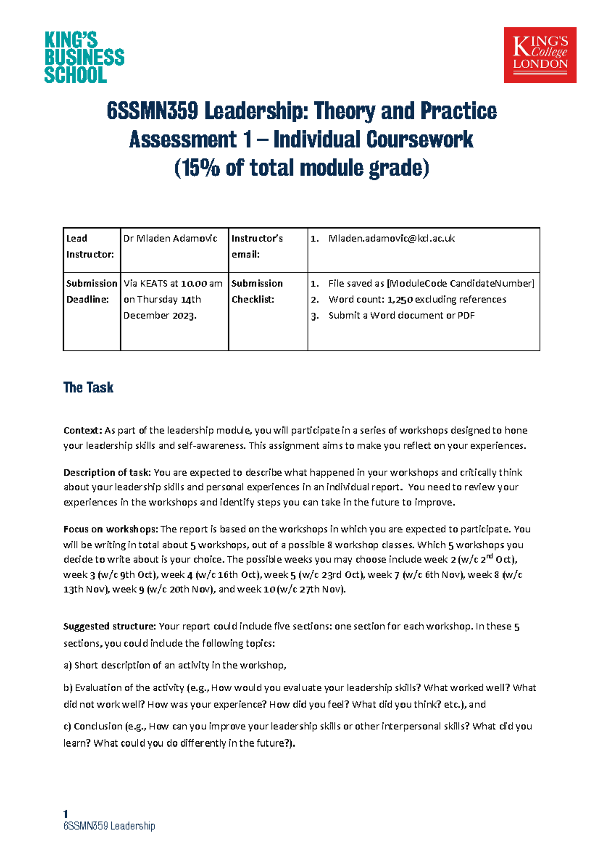 Individual Report - 1 6SSMN359 Leadership: Theory and Practice ...