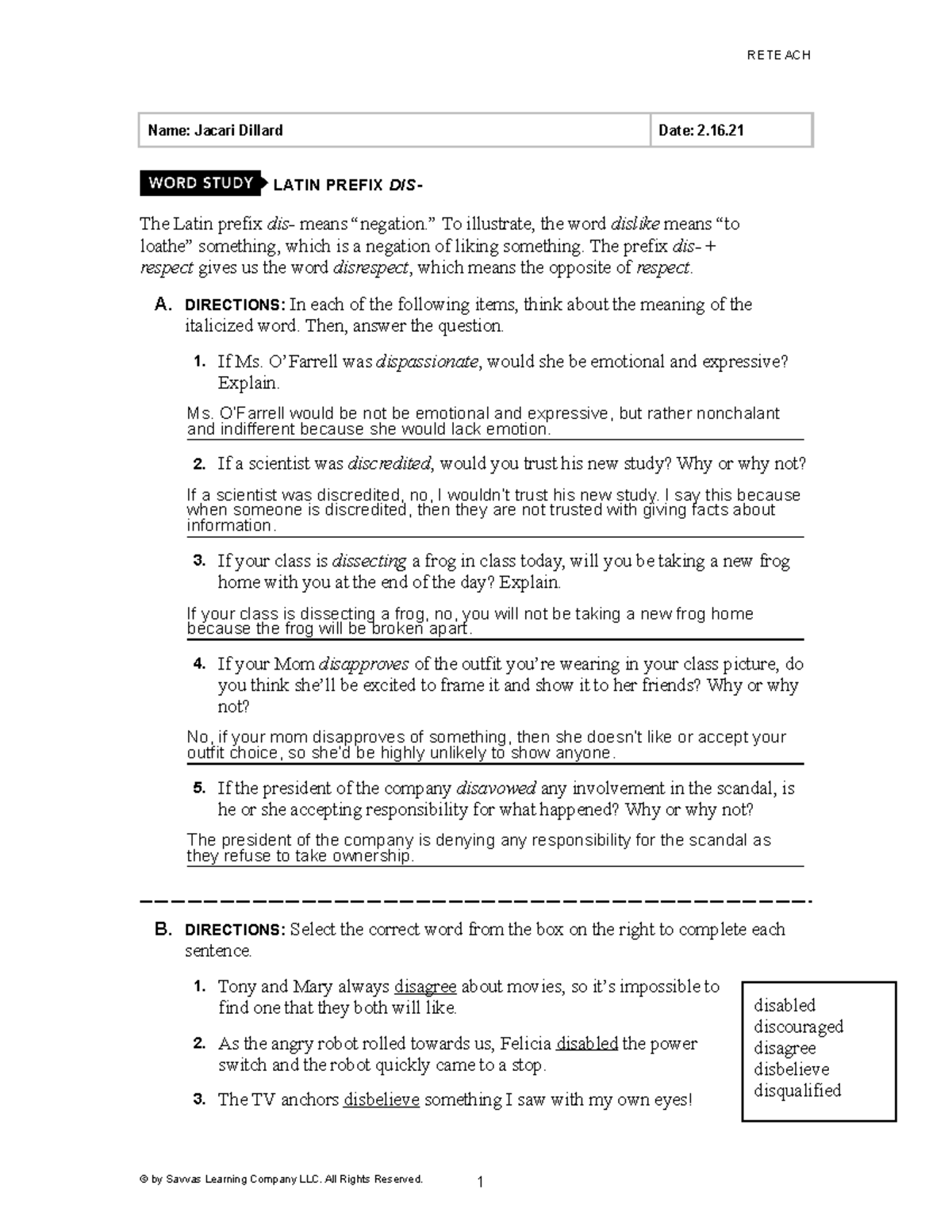 J. Dillard, Latin Prefix (dis) RETEACH Name Jacari Dillard Date 2