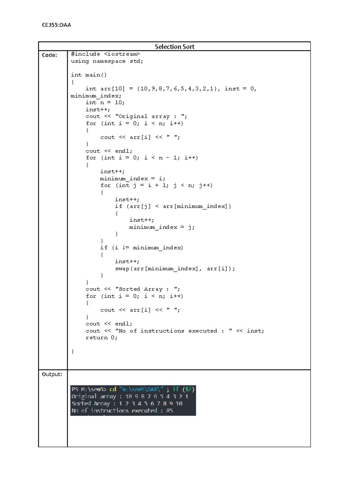 Prac2 table analysis Selection Sort Code include using namespace