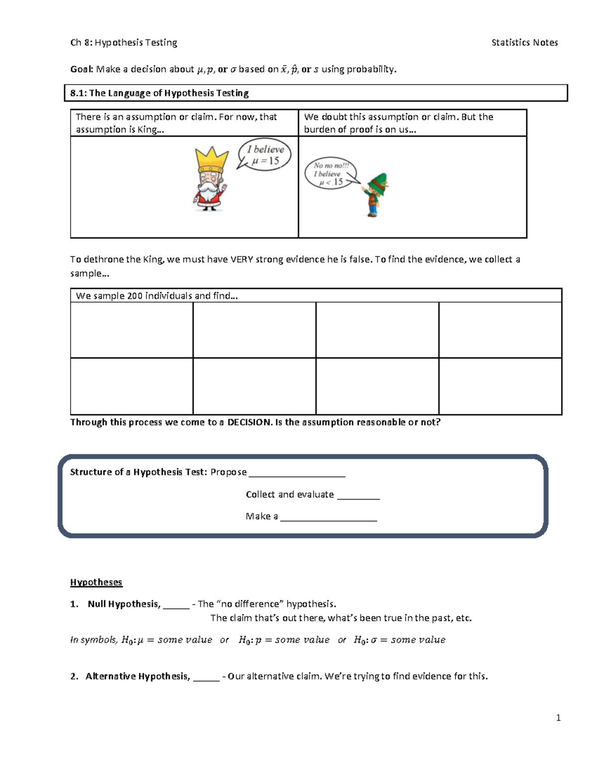 130+Ch+8+Notes 8 - Bhddf - Goal: Make a decision about 𝜇, 𝑝, or 𝜎 based ...