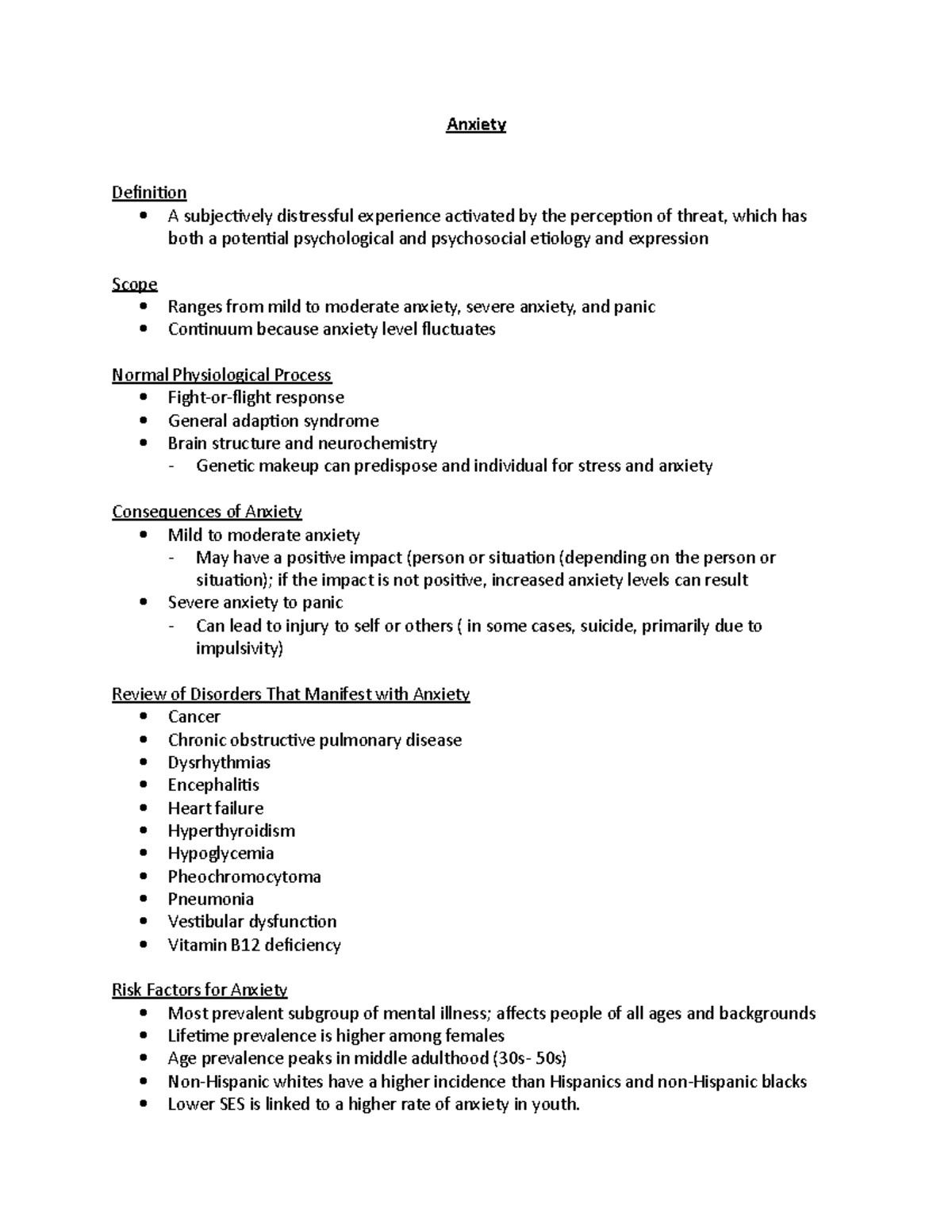 Anxiety SD notes - Anxiety Definition A subjectively distressful ...
