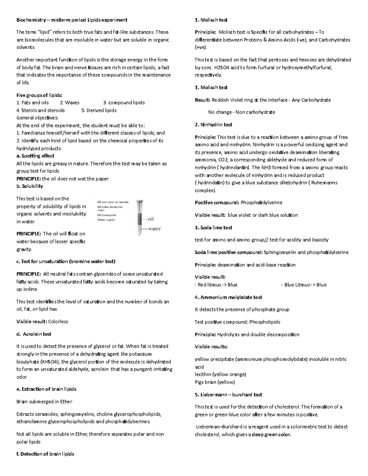 Biochemistry Midterms LAB - Biochemistry – midterm period Lipids ...