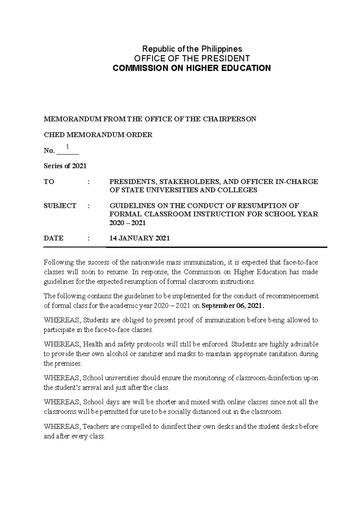 Sample Memorandum Order OF CHED Business Administration Studocu