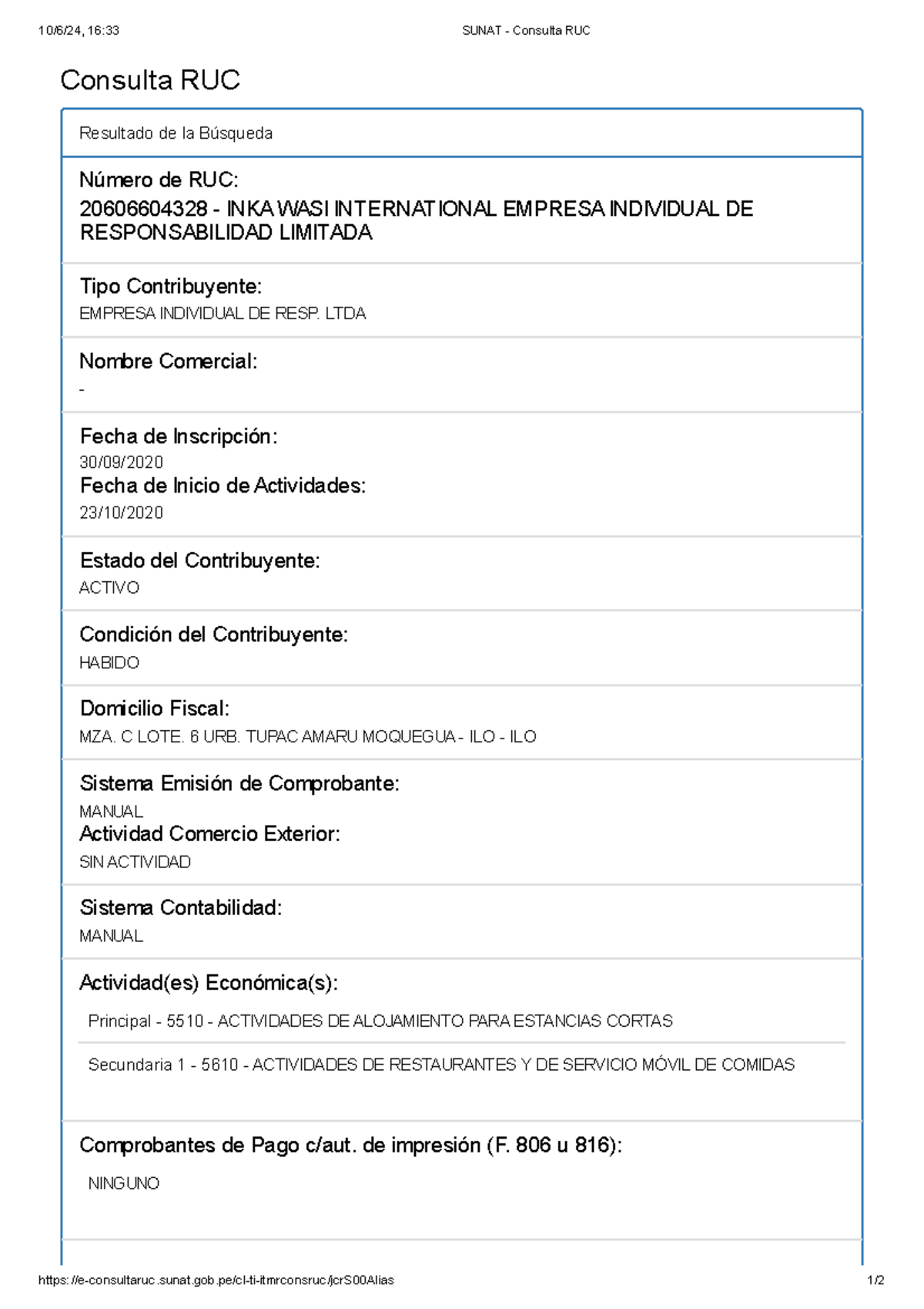 Sunat - Consulta RUC INKA WASI Internacional - Consulta RUC Resultado ...