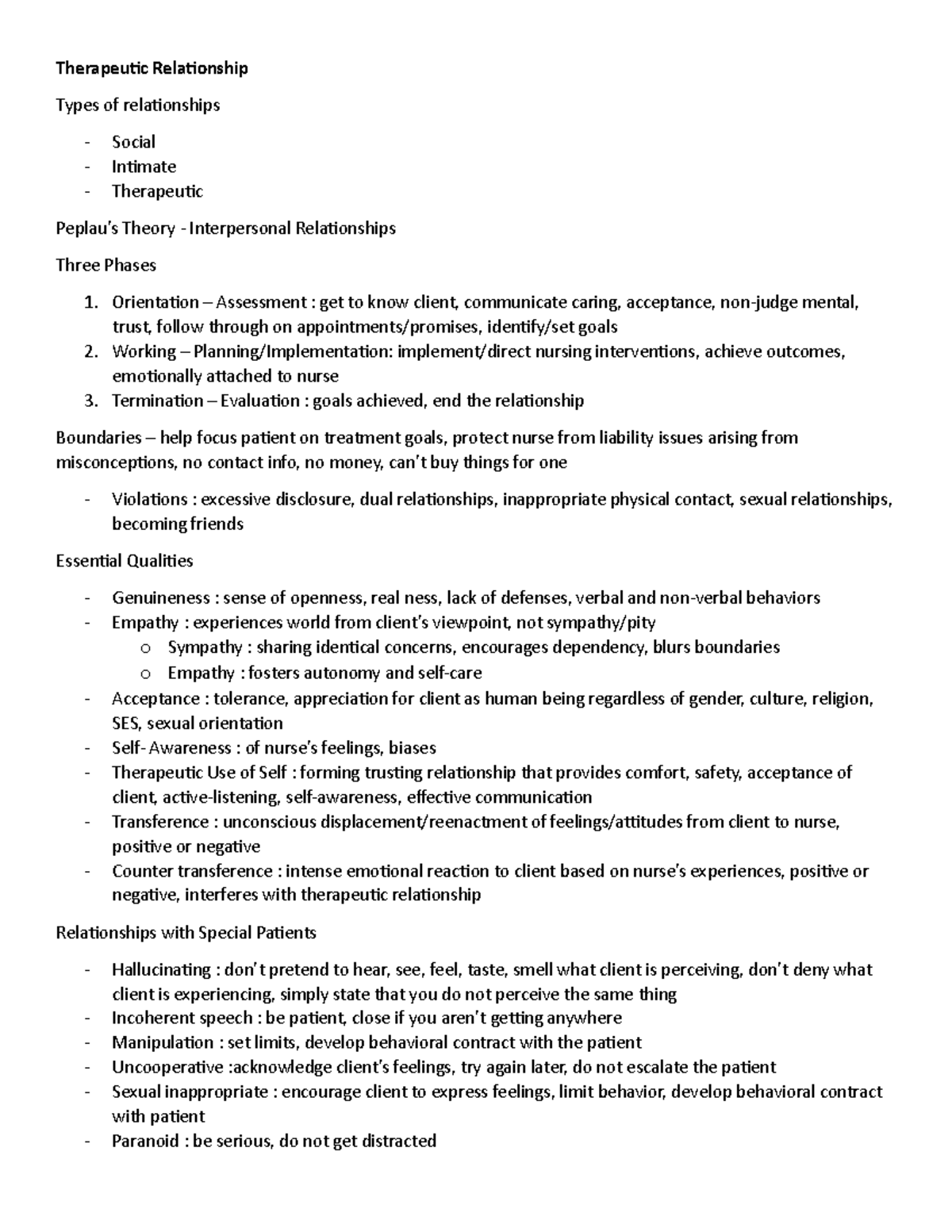 Week 2 Handout - Worksheet 2 - Therapeutic Relationship Types of ...