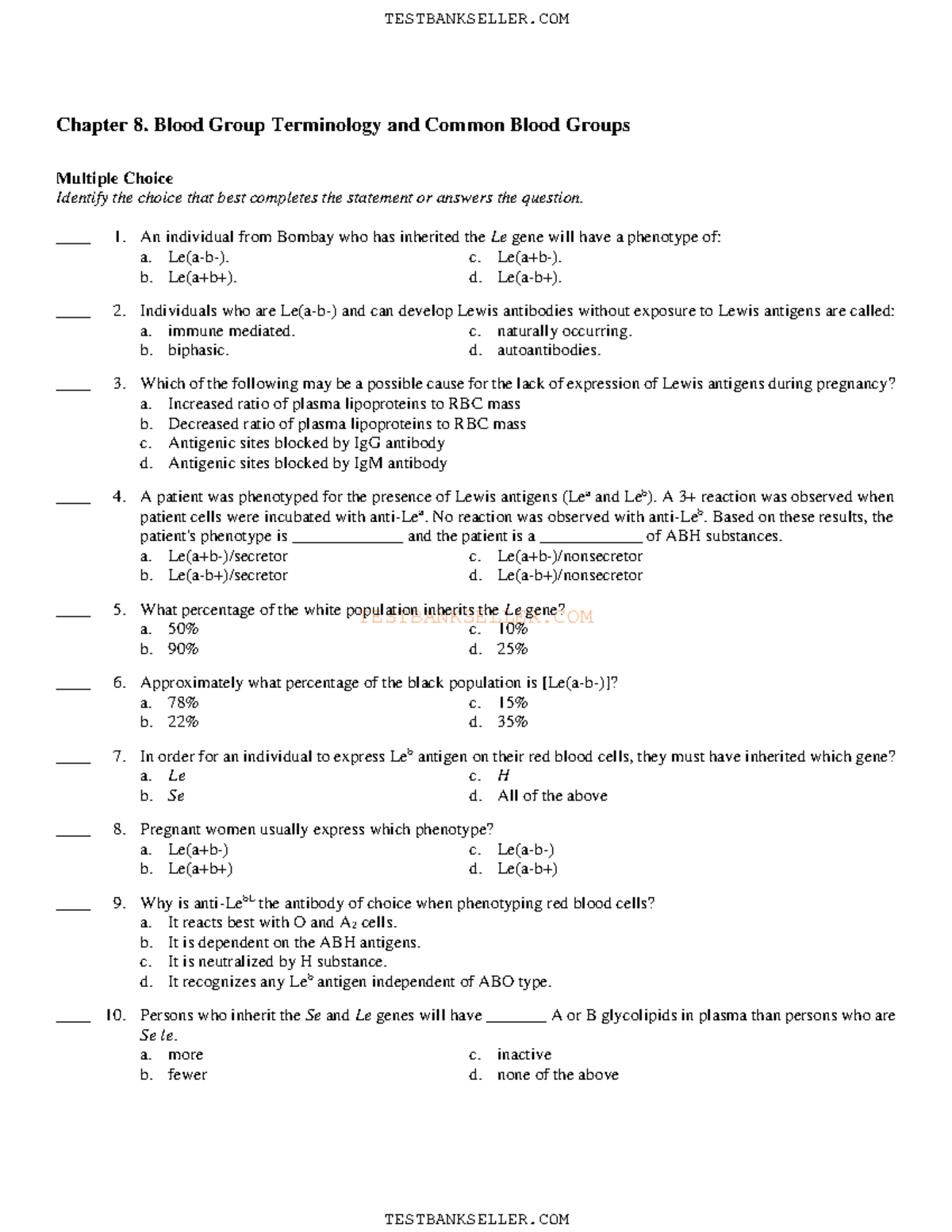 Ch08 - Blood Bank Test - T E S T B A N K S E L L E R. C O M Chapter 8 ...