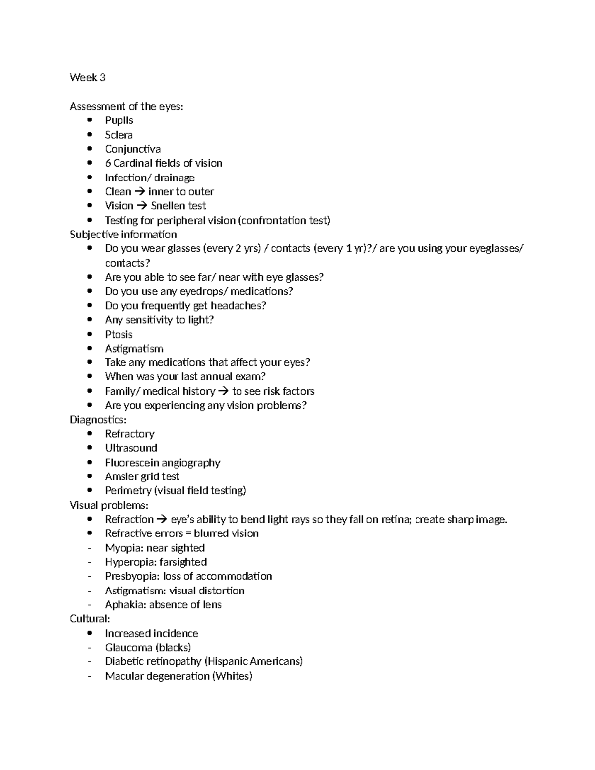 Week 3 Notes - Week 3 Assessment of the eyes: Pupils Sclera Conjunctiva ...
