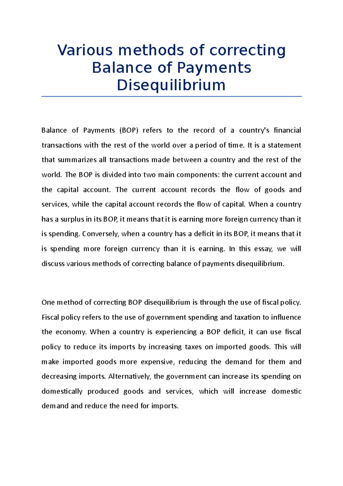 Note on Various methods of correcting Balance of Payments ...