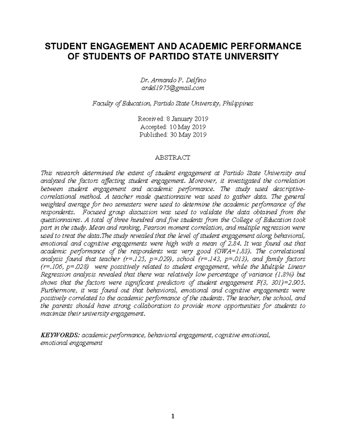 EJ1222588 - Article - STUDENT ENGAGEMENT AND ACADEMIC PERFORMANCE OF ...