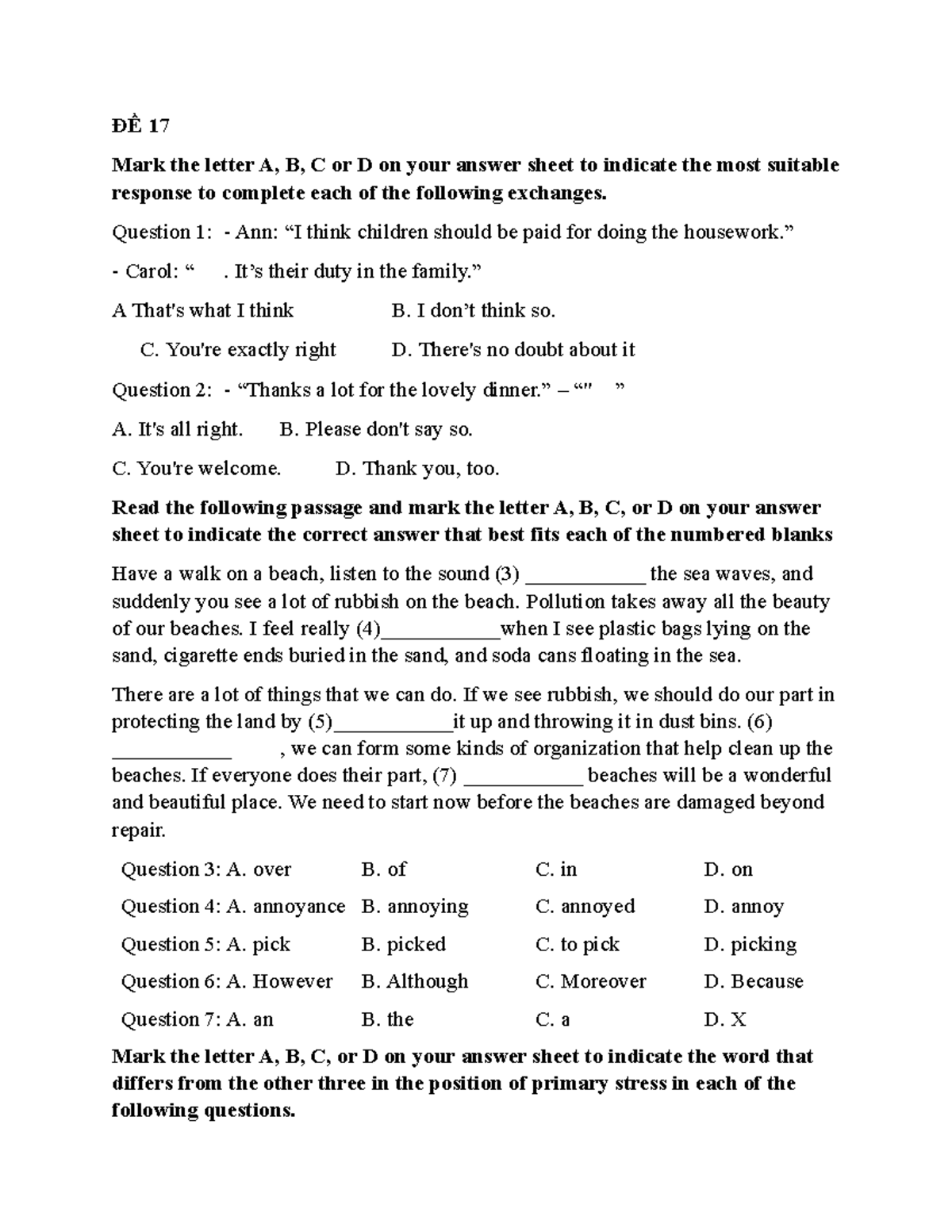 ĐỀ 17 - Đề kiếm tra tiếng Anh - ĐỀ 17 Mark the letter A, B, C or D on ...