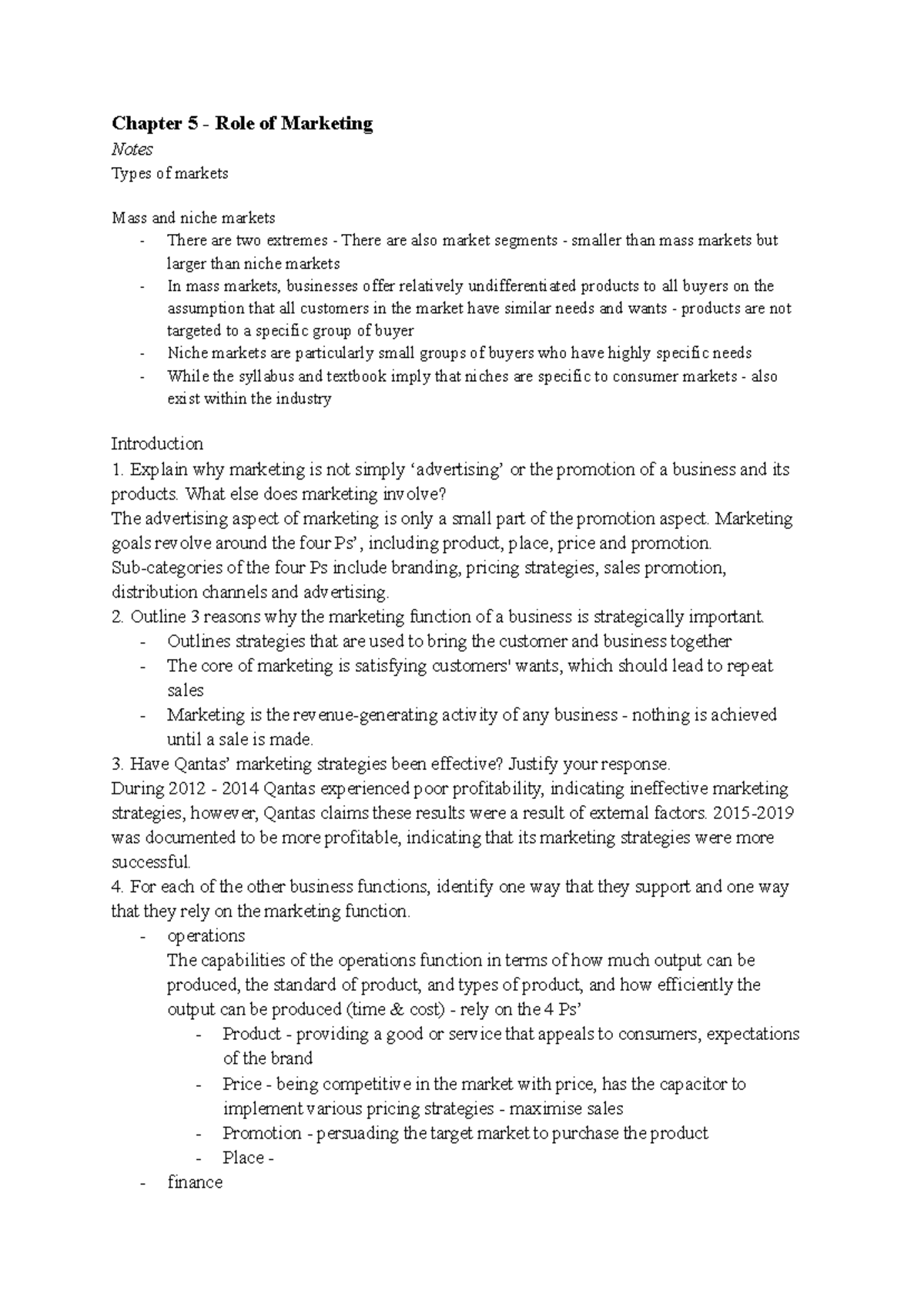 Business - Marketing - Chapter 5 - Role of Marketing Notes Types of ...