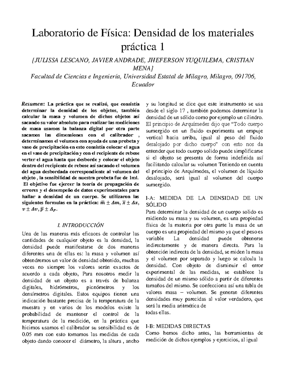 Informe De Fisica Terminado Laboratorio De Física Densidad De Los