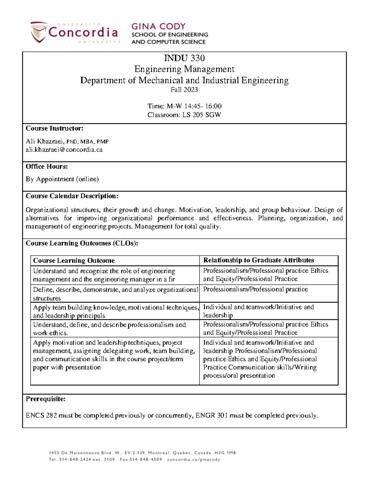Course Outline - INDU 330 - Fall 2023 - INDU 330 Engineering Management ...