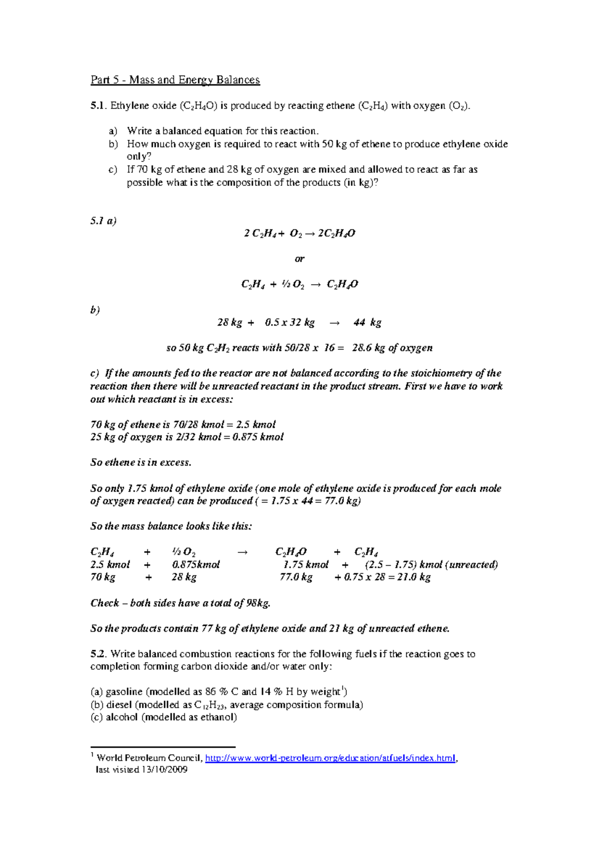 Chemical Tutorial Solutions P2 - Part 5 - Mass and Energy Balances ...