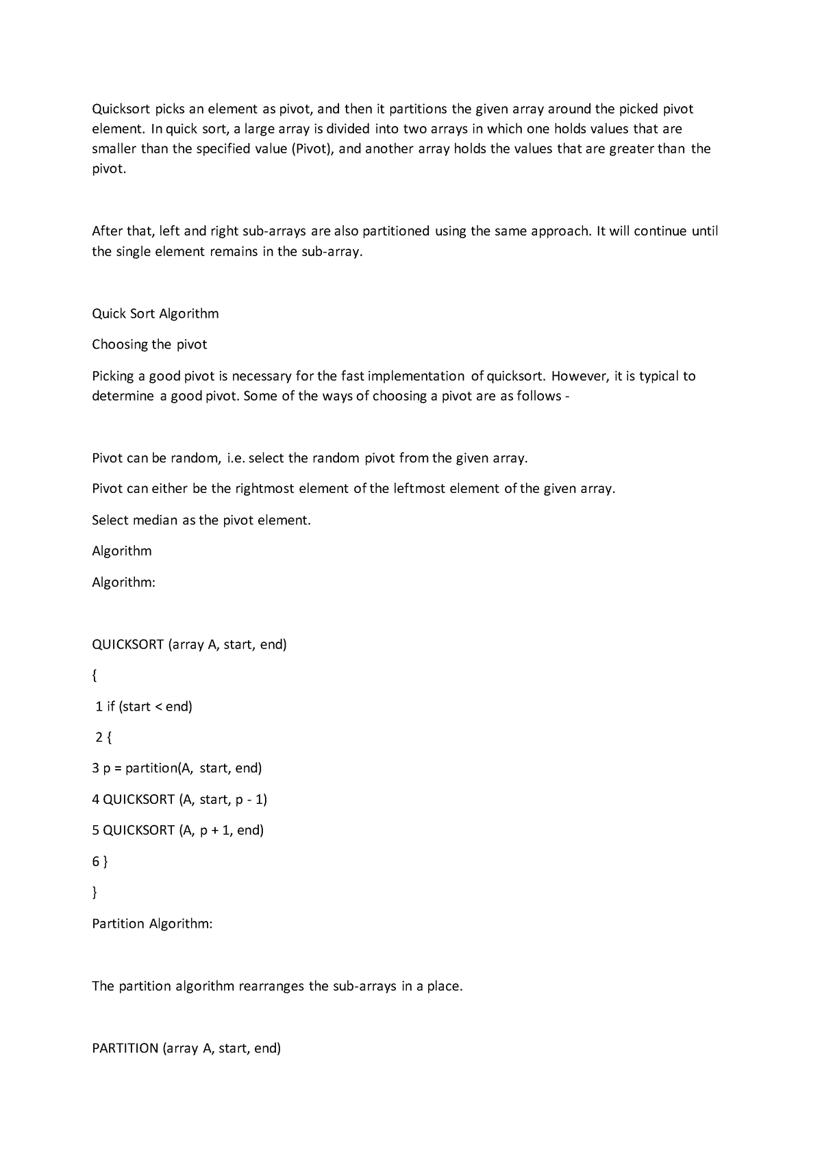 Quick SORTing notes to revise - Quicksort picks an element as pivot ...