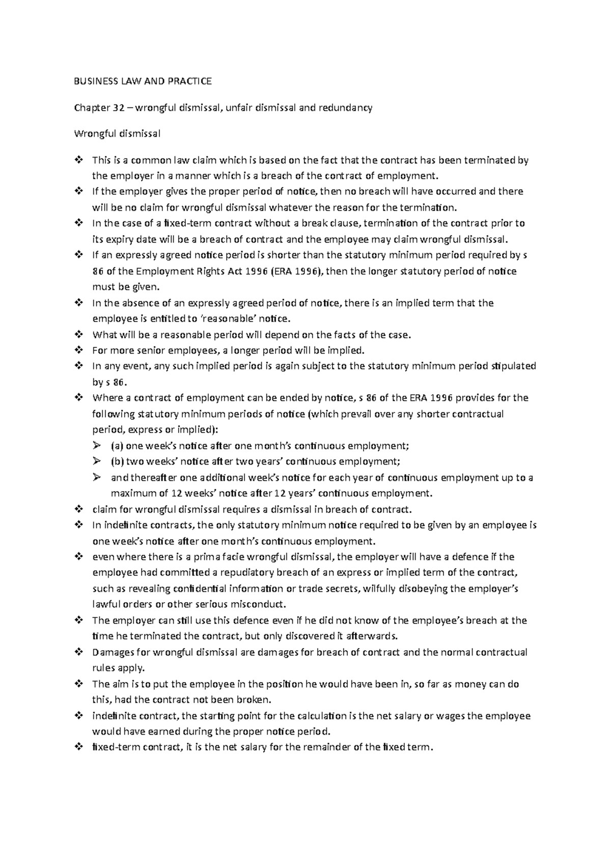 Chapter 32 wrongful dismissal unfair dismissal redundancy BUSINESS