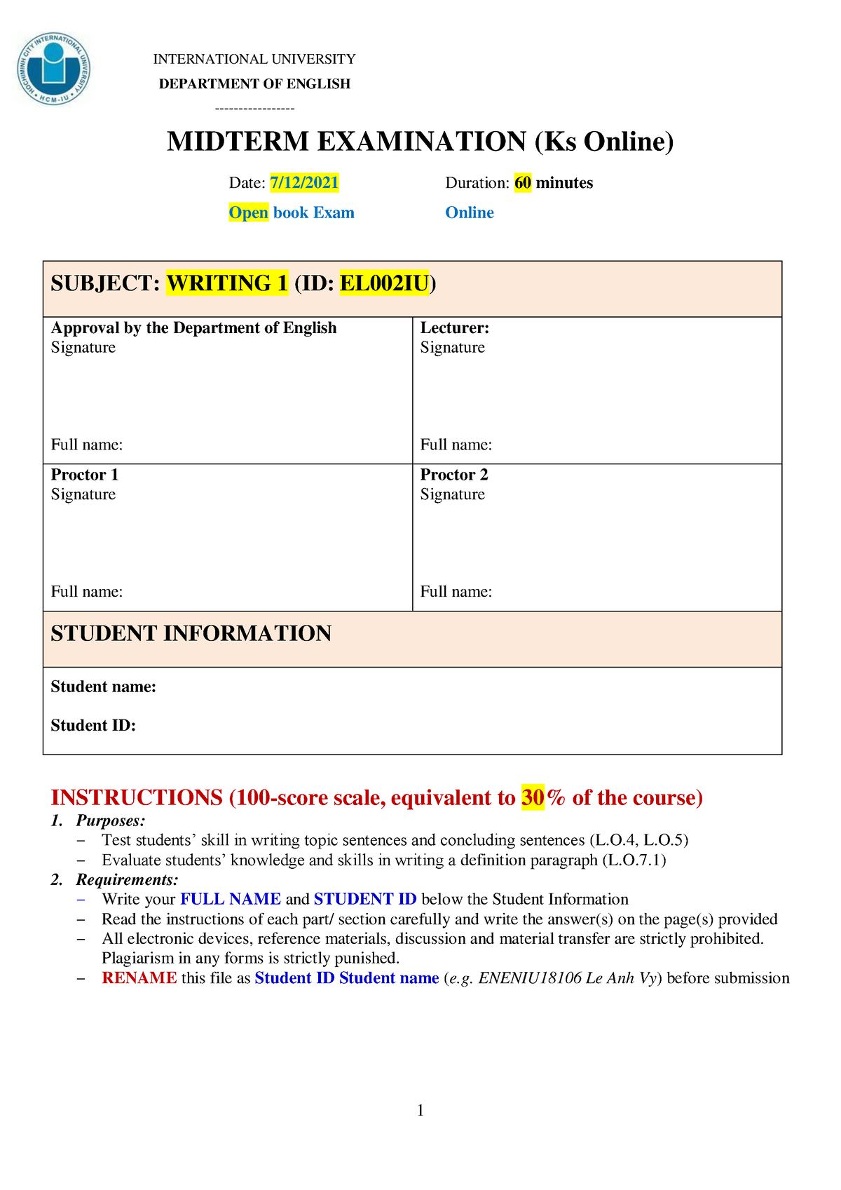 Writing 1 Midterm - Test paper (Online) 11 - 1 INTERNATIONAL UNIVERSITY ...