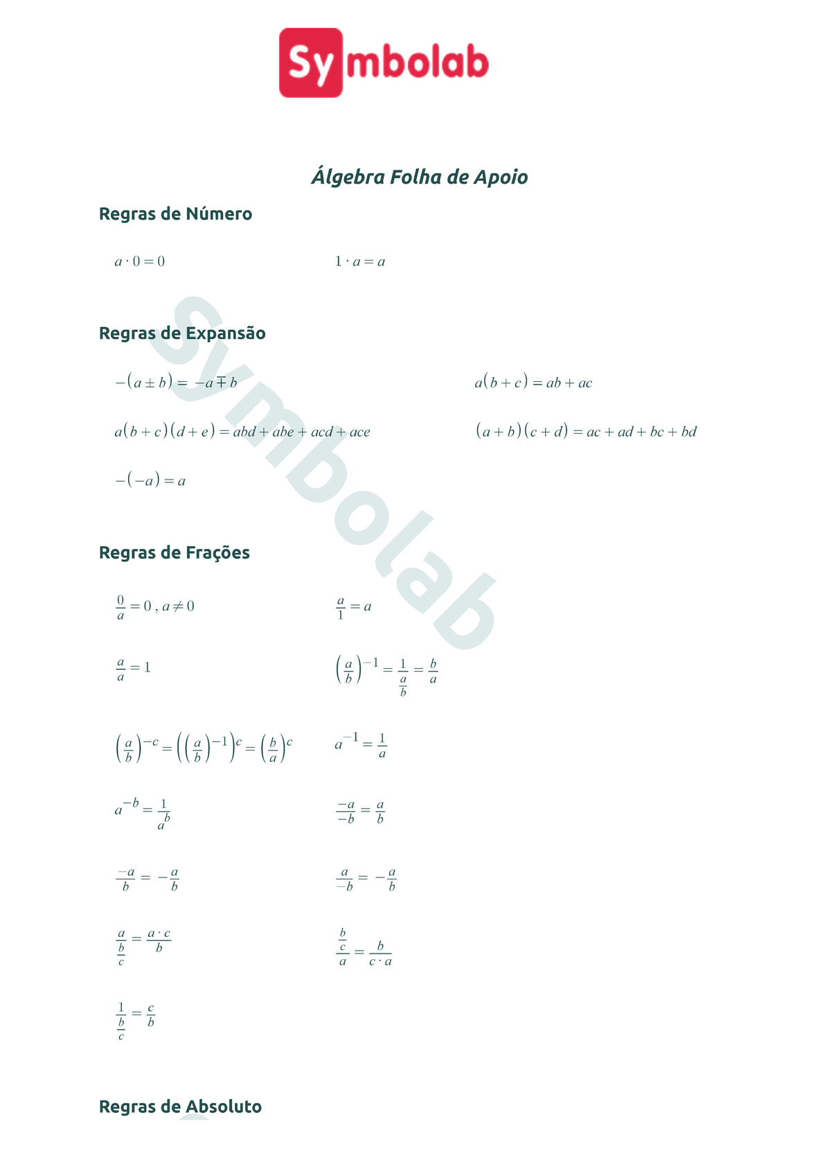 Symbolab - Cheat Sheets - Matemática Básica - Nivelamento - Studocu