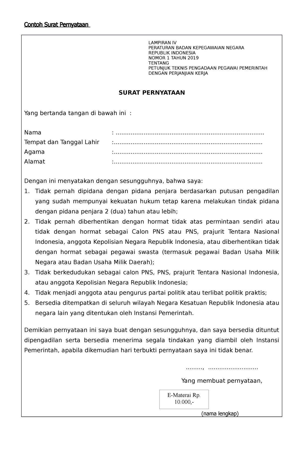 Surat Pernyataan Adwdd Contoh Surat Pernyataan Lampiran Ivperaturan