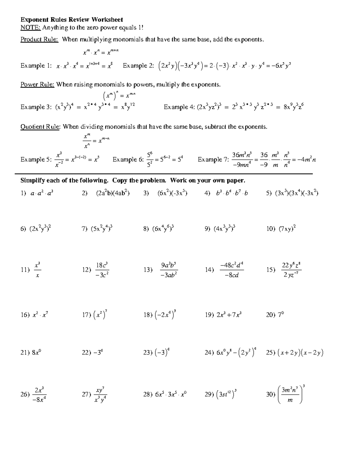 Laws of exponents review -answer - Exponent Rules Review Worksheet NOTE ...