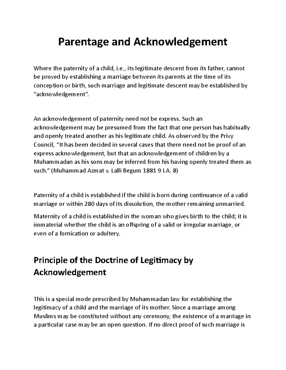 Parentage and Acknowledgement - , its legitimate descent from its ...