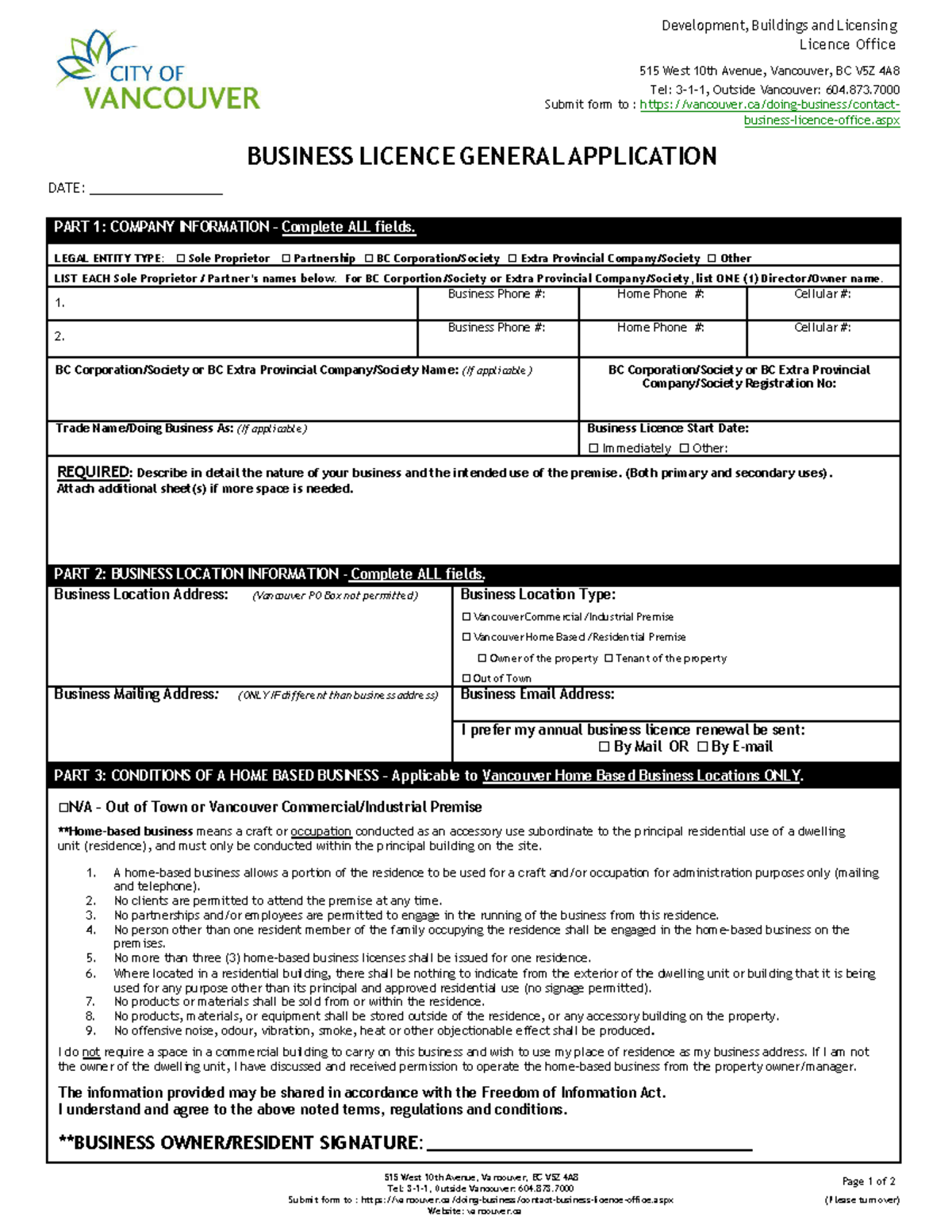 Business licence general application Development, Buildings and