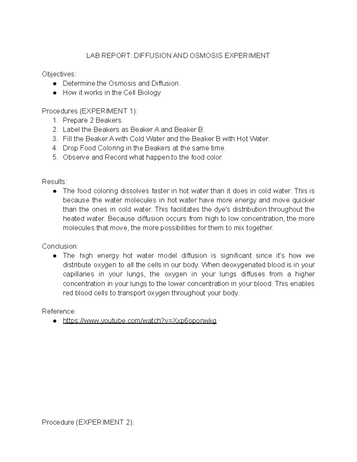 Diffusion AND Osmosis Experiment Lab Report - LAB REPORT: DIFFUSION AND ...