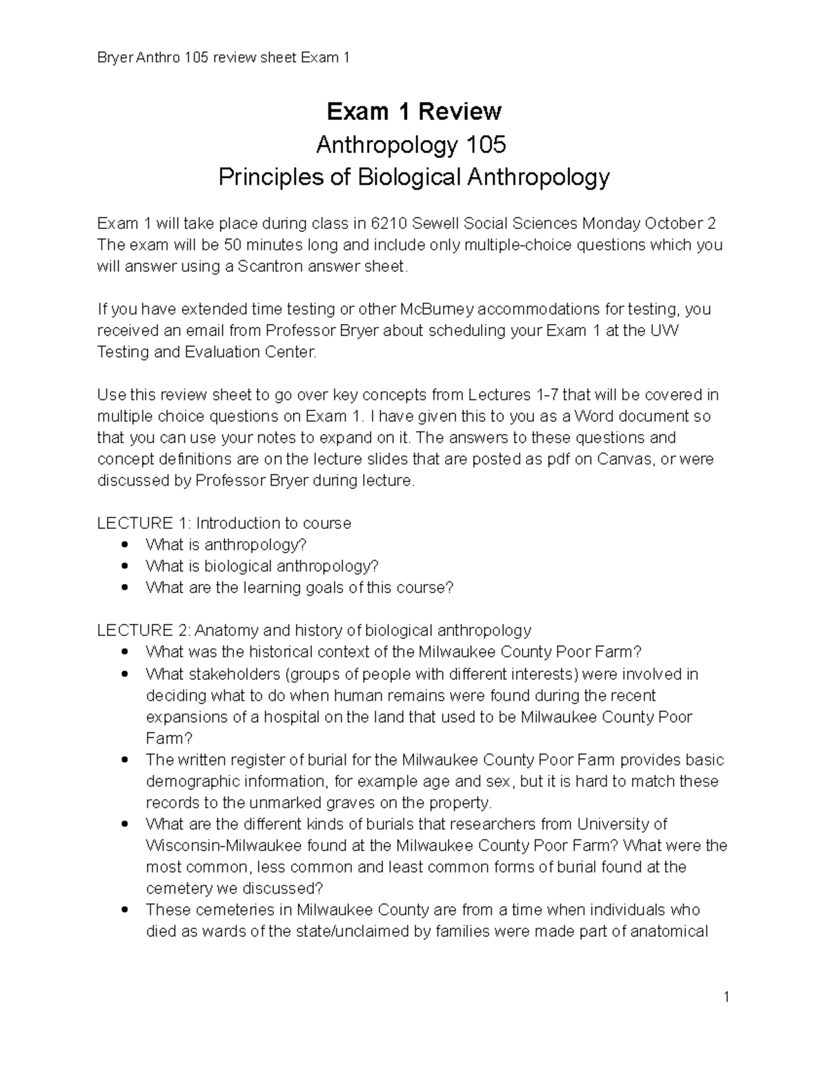 Anthro 105 Exam 1 Review 2023 - Exam 1 Review Anthropology 105 ...